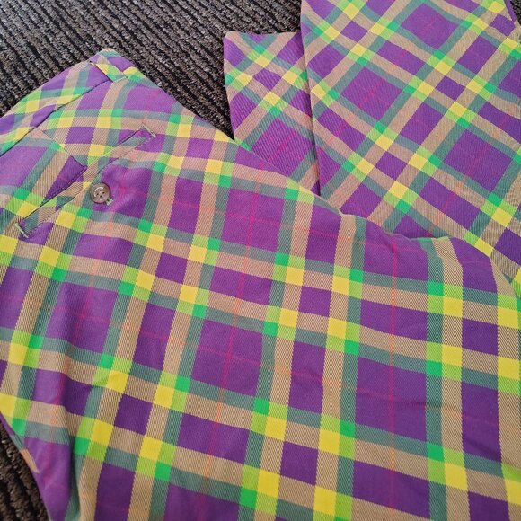 Royal & Awesome Men's Golf Pants Slim Fit Mardi Grass Golf Trousers Tartan Plaid - Picture 5 of 12